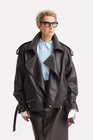 Croc-Embossed Faux Leather Jacket with Drawstring Detail – Black