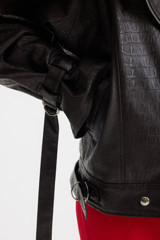 Croc-Embossed Faux Leather Jacket with Drawstring Detail – Black