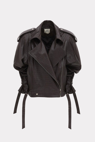 Croc-Embossed Faux Leather Jacket with Drawstring Detail – Black