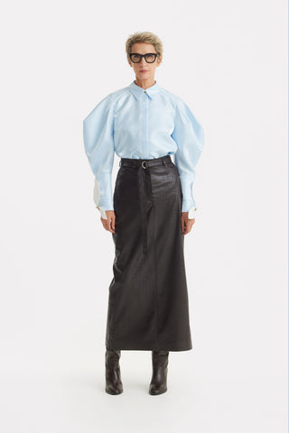 Croc-Embossed Faux Leather Midi Skirt – Black