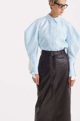 Sculptural Puff Sleeve Shirt with Contrast Cuffs – Sky Blue