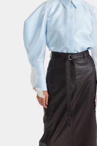 Sculptural Puff Sleeve Shirt with Contrast Cuffs – Sky Blue