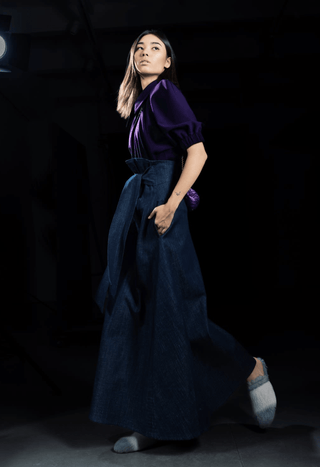 Dark Blue Denim Long Skirt With Belt - Julia Allert