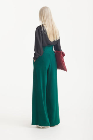 Dark Green High Waist Long Wide Leg Trousers - Julia Allert