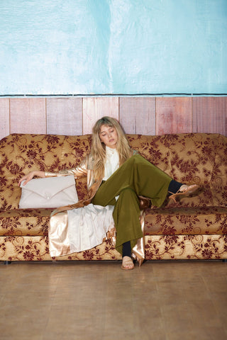 Dark Olive High Waist Long Wide Leg Trousers - Julia Allert