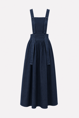 Denim Midi Apron Dress With Adjustable Straps – Navy - Julia Allert