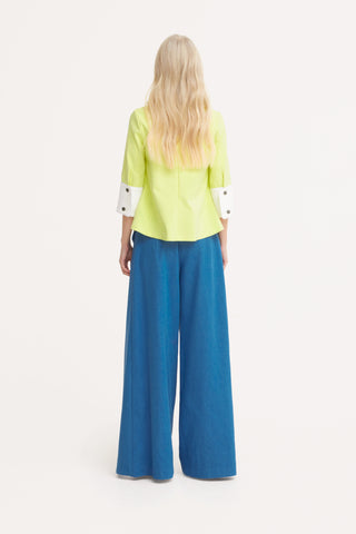 High-Waisted Denim Wrap Trousers, Skirt Effect - Blue