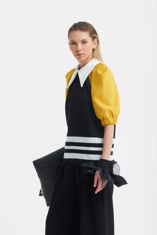 Designer Black Blouse Puff Sleeves Mustard