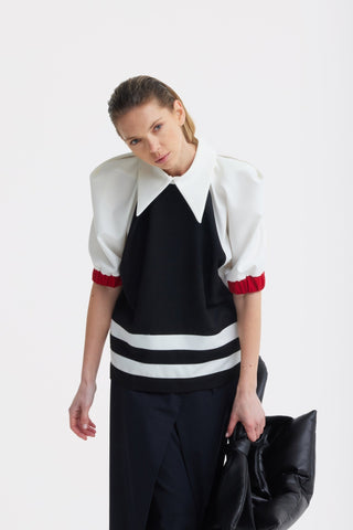 Designer Black Blouse Puff Sleeves White - Julia Allert
