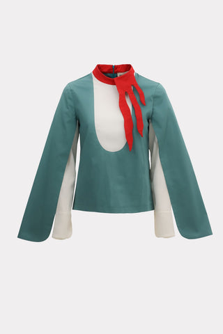 Designer Blouse With Contrast Sleeves Turquoise - Julia Allert