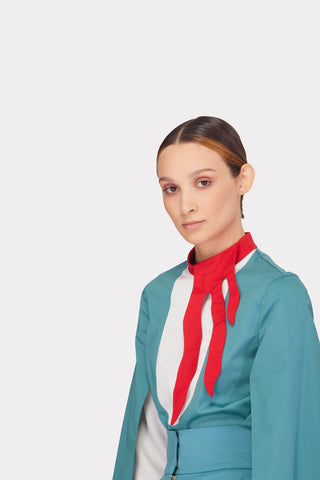 Designer Blouse With Contrast Sleeves Turquoise - Julia Allert