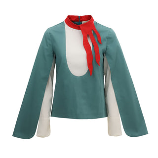 Designer Blouse With Contrast Sleeves Turquoise