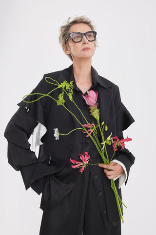 Designer Classic Cut Blazer With Sleeve Twist - Black - Julia Allert