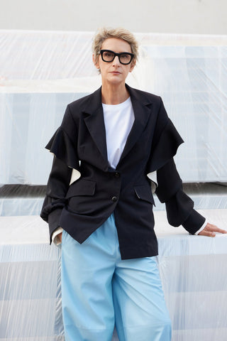 Designer Classic Cut Blazer With Sleeve Twist - Black - Julia Allert