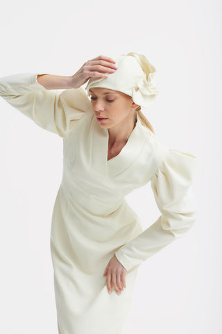 Crepe Midi Dress With Statement Sleeves – Ivory