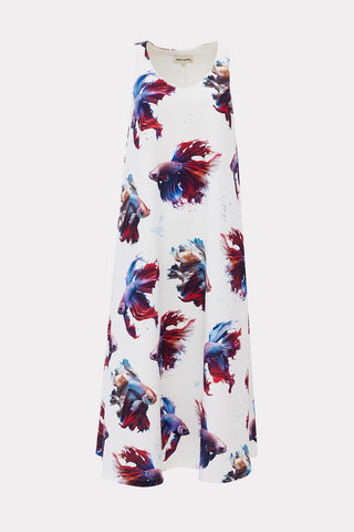 Designer Fish Print A-Line Crepe Dress White