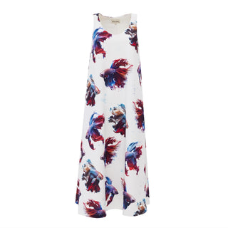 Designer Fish Print A-Line Crepe Dress White