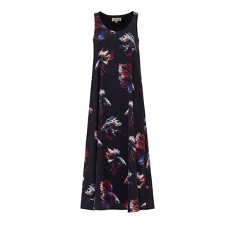 Designer Fish Print A-Line Silky Touch Dress Black