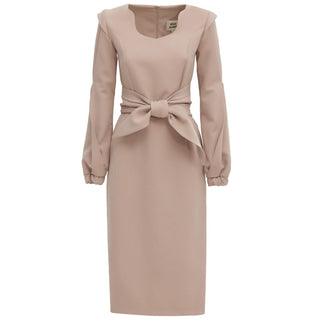 Designer Fitted Midi Dress With Belt Beige