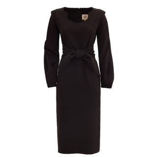 Designer Fitted Midi Dress With Belt Black