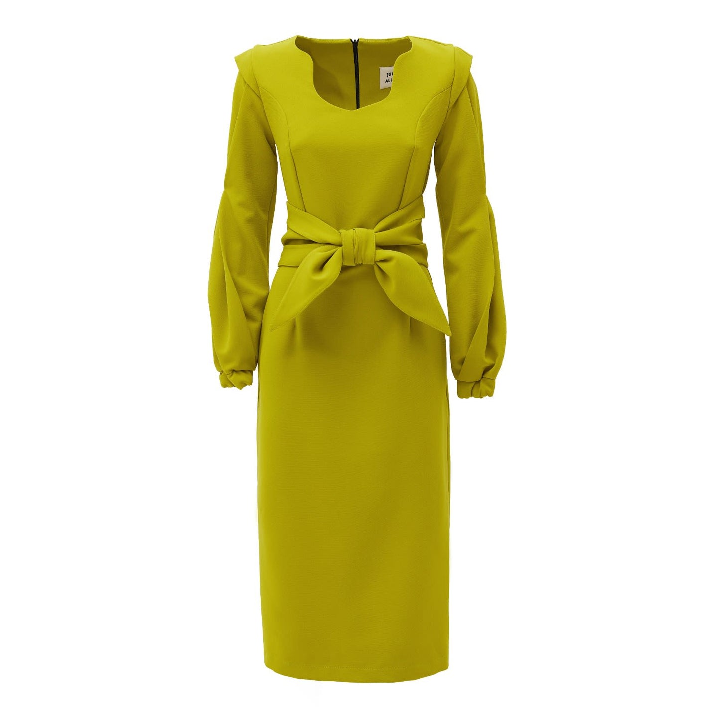 Designer Fitted Midi Dress With Belt Green