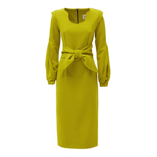 Designer Fitted Midi Dress With Belt - Green