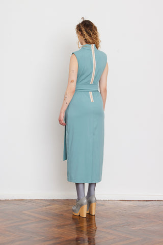 Designer Long Dress With Mock Neck Solid Light Blue