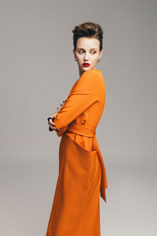 Designer Midi Dress With Belt Orange