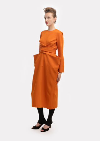 Designer Midi Dress With Belt Orange