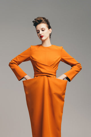 Designer Midi Dress With Belt Orange