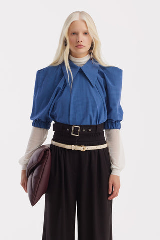 Designer Plaid Puff Sleeve Blouse – Blue - Julia Allert