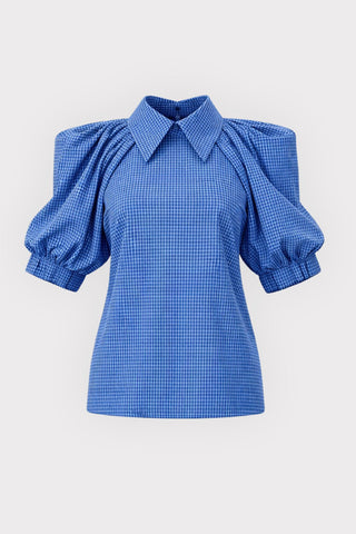 Designer Plaid Puff Sleeve Blouse – Blue - Julia Allert