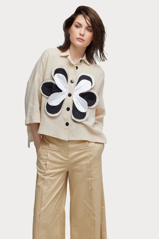 Designer Relaxed Floral Applique Blouse Beige