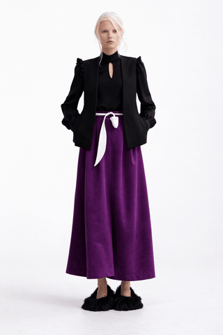 Designer Satin Blouse With Bishop Sleeves And Stand Collar – Black - Julia Allert