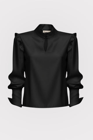 Designer Satin Blouse With Bishop Sleeves And Stand Collar – Black - Julia Allert