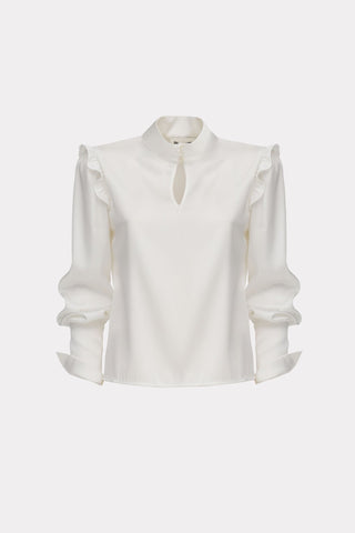 Designer Satin Blouse With Bishop Sleeves And Stand Collar — Ivory - Julia Allert