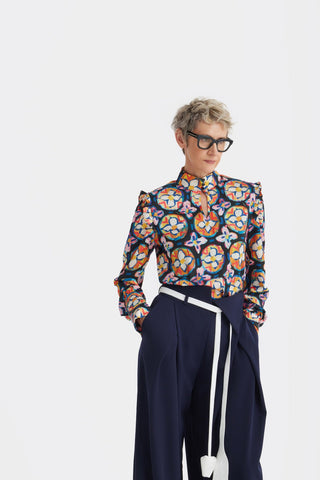 Designer Satin Blouse With Bishop Sleeves And Stand Collar – Print - Julia Allert
