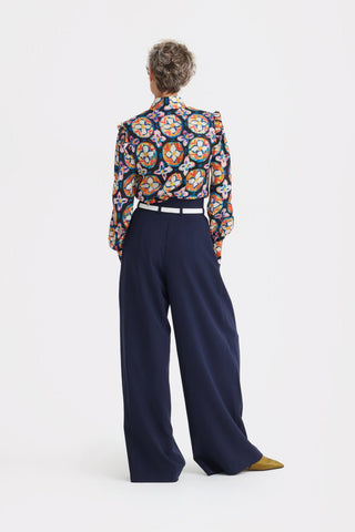Designer Satin Blouse With Bishop Sleeves And Stand Collar – Print - Julia Allert
