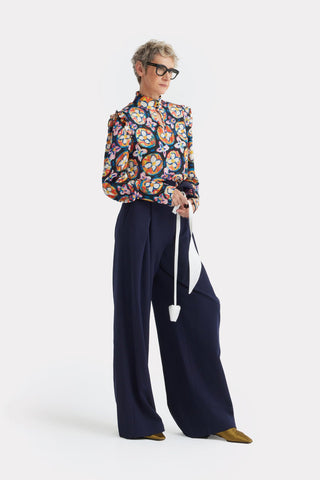 Designer Satin Blouse With Bishop Sleeves And Stand Collar – Print - Julia Allert