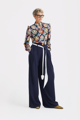 Designer Satin Blouse With Bishop Sleeves And Stand Collar – Print - Julia Allert