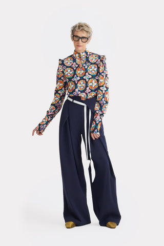 Designer Satin Blouse With Bishop Sleeves And Stand Collar – Print - Julia Allert