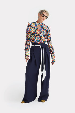 Designer Satin Blouse With Bishop Sleeves And Stand Collar – Print - Julia Allert