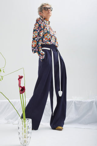 Designer Satin Blouse With Bishop Sleeves And Stand Collar – Print - Julia Allert