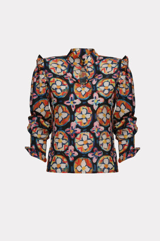 Designer Satin Blouse With Bishop Sleeves And Stand Collar – Print - Julia Allert