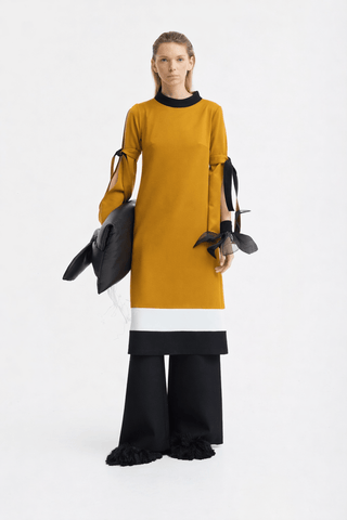 Designer Straight Slit-Sleeve Midi Dress – Mustard Black - Julia Allert