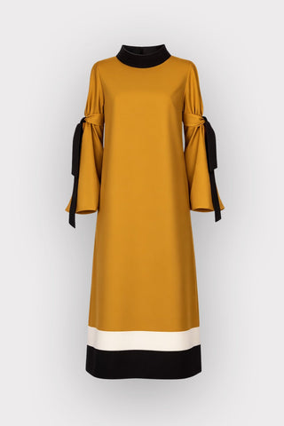 Designer Straight Slit-Sleeve Midi Dress – Mustard Black - Julia Allert