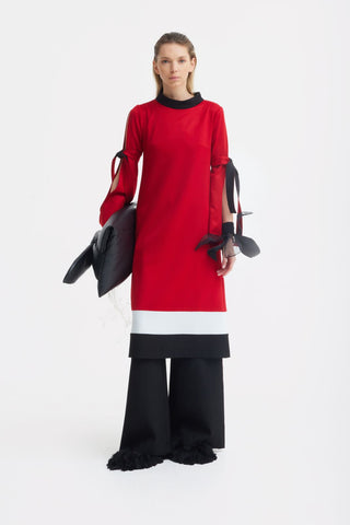 Designer Straight Slit-Sleeve Midi Dress – Red Black