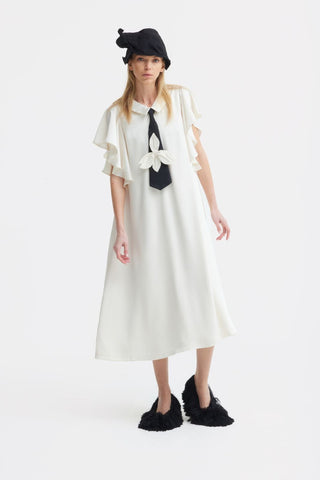 Double-Layer Satin Midi Dress With Tie Detail – Ivory - Julia Allert