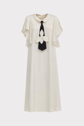 Double-Layer Satin Midi Dress With Tie Detail – Ivory - Julia Allert
