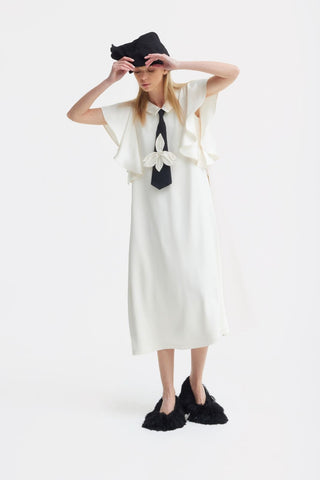 Double-Layer Satin Midi Dress With Tie Detail – Ivory - Julia Allert